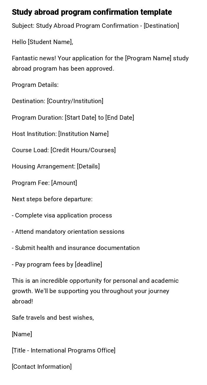 Study abroad program confirmation template