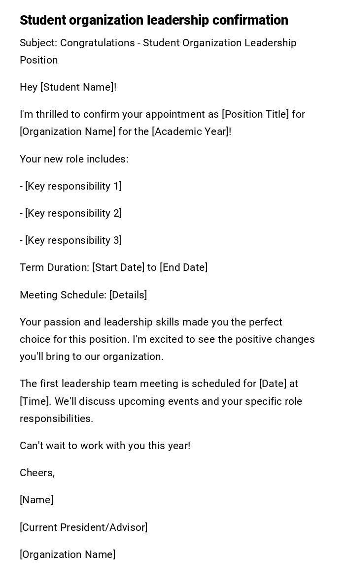 Student organization leadership confirmation