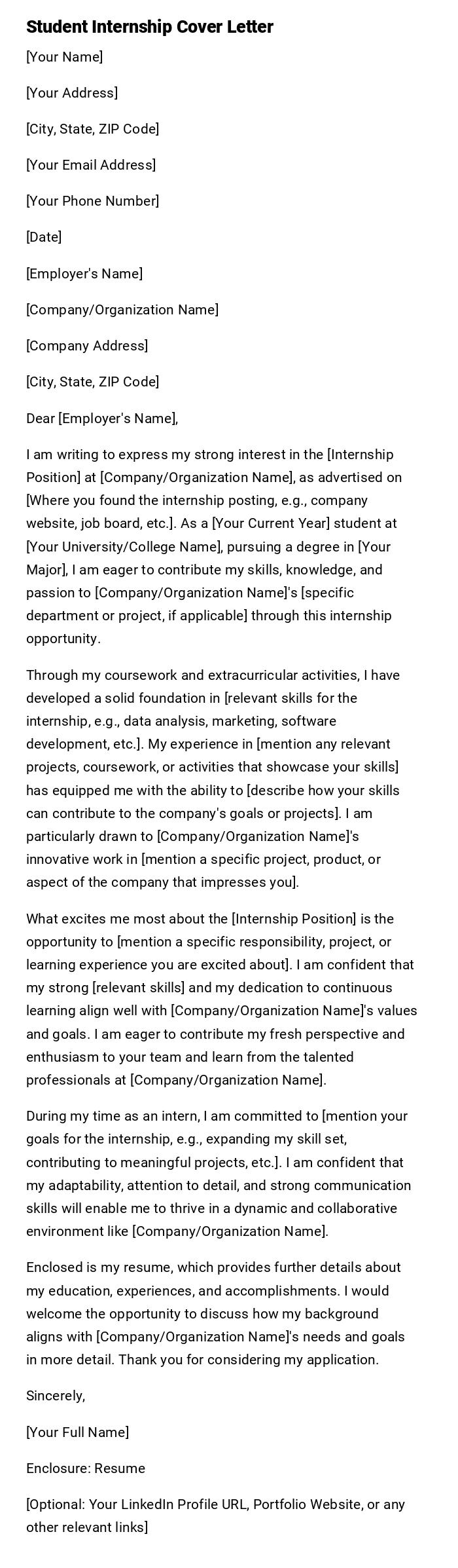 Student Internship Cover Letter