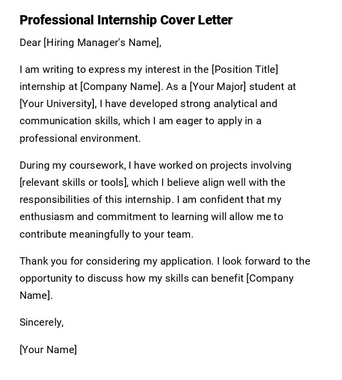 Professional Internship Cover Letter Professional Internship Cover Letter