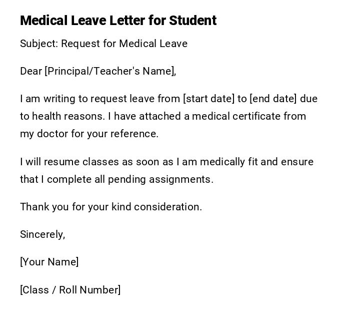 Medical Leave Letter for Student Medical Leave Letter for Student