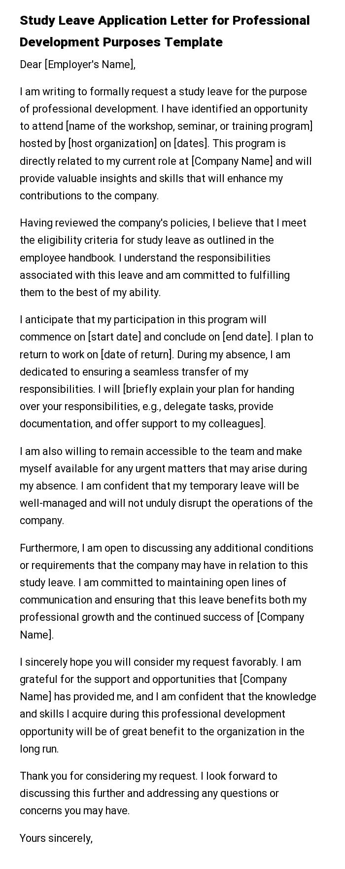 Study Leave Application Letter for Professional Development Purposes Template