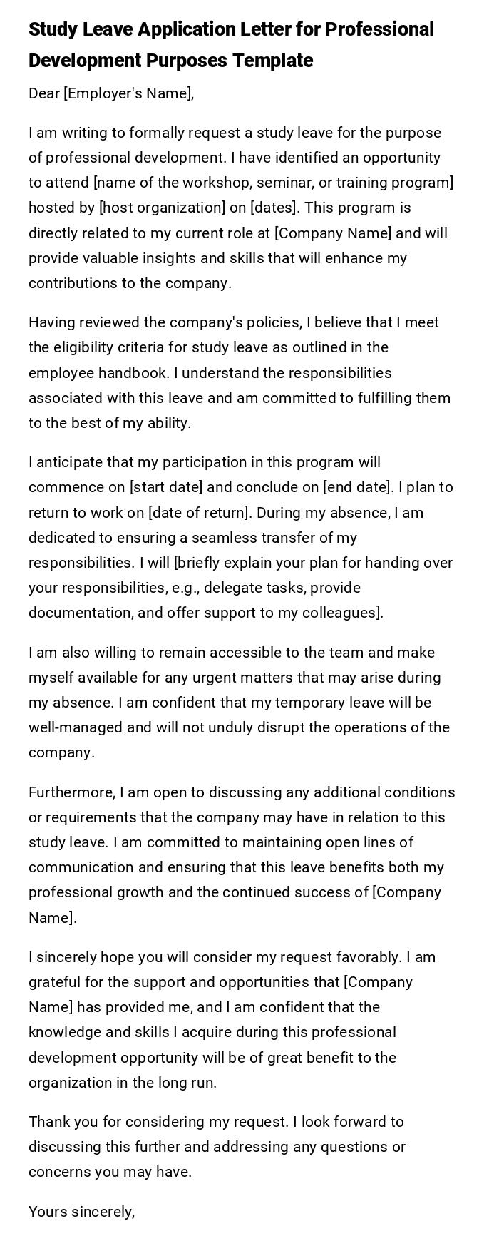 Study Leave Application Letter for Professional Development Purposes Template