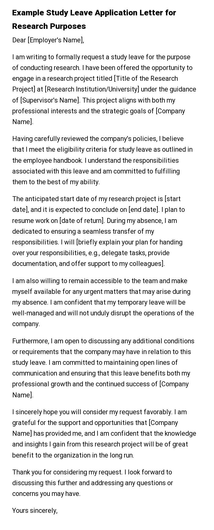 Example Study Leave Application Letter for Research Purposes