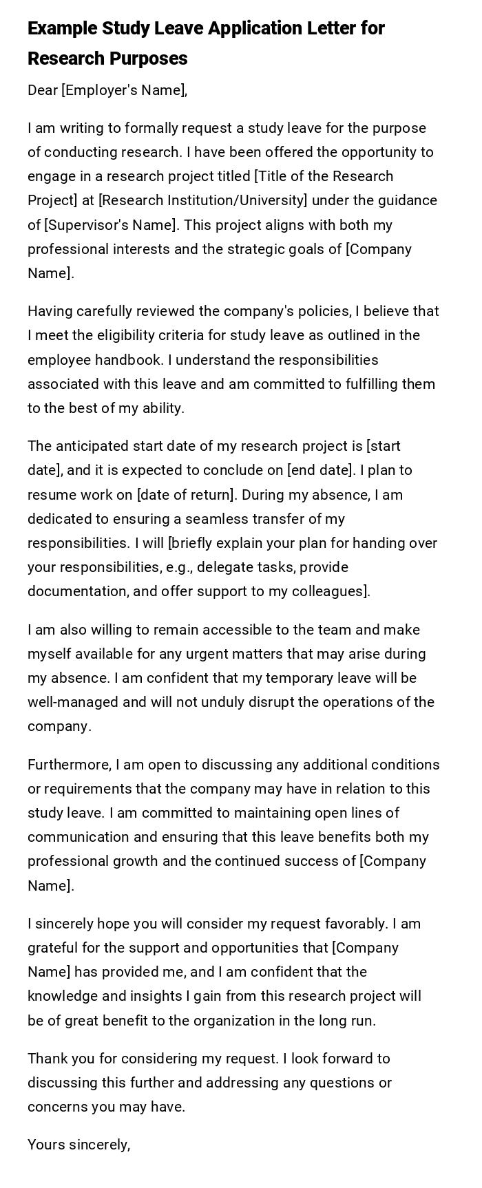 Example Study Leave Application Letter for Research Purposes