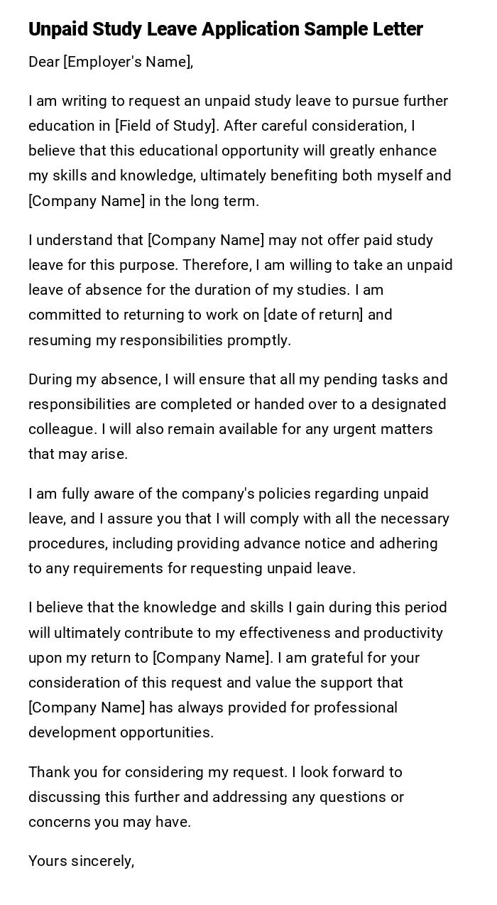 Unpaid Study Leave Application Sample Letter