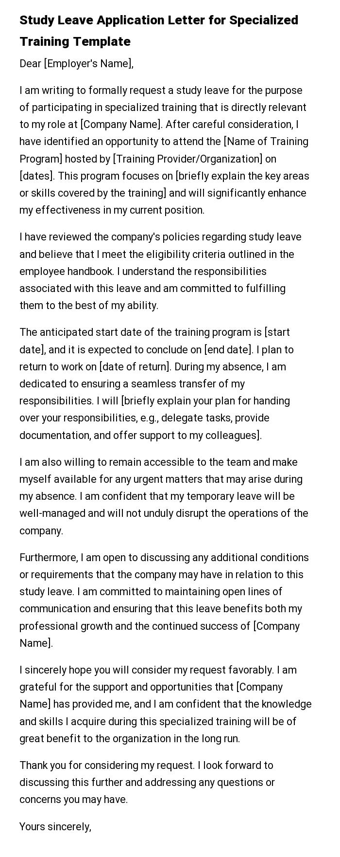 Study Leave Application Letter for Specialized Training Template