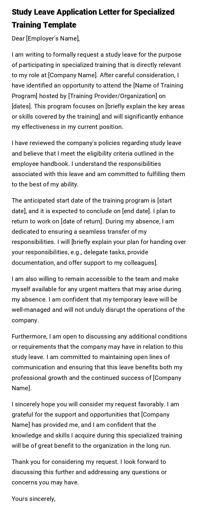 Study Leave Application Letter for Specialized Training Template