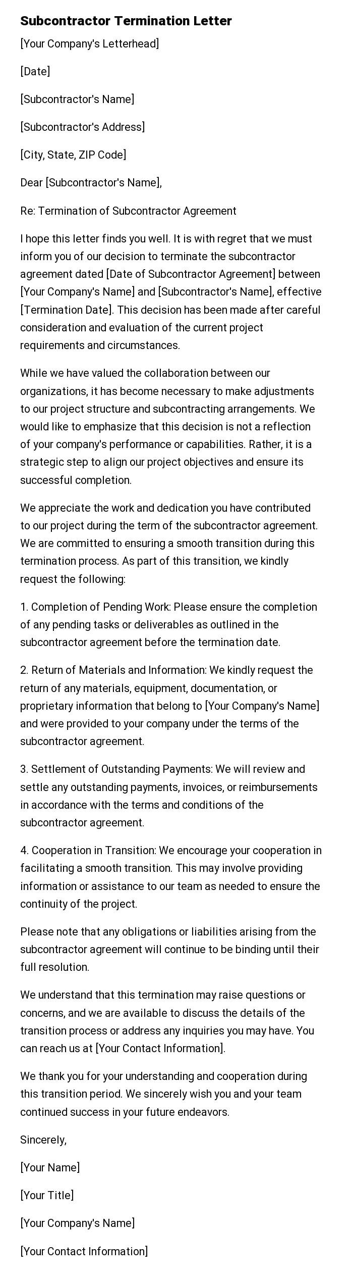 Subcontractor Termination Letter