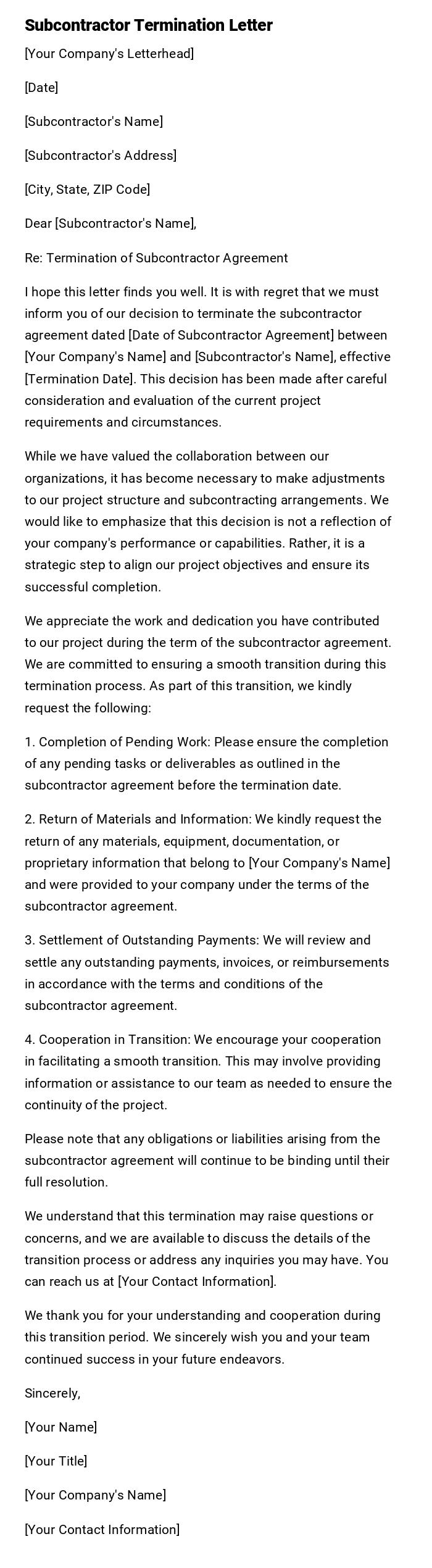 Subcontractor Termination Letter