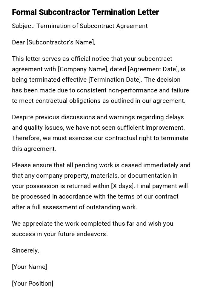 Formal Subcontractor Termination Letter Formal Subcontractor Termination Letter