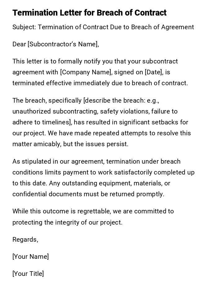 Termination Letter for Breach of Contract Termination Letter for Breach of Contract