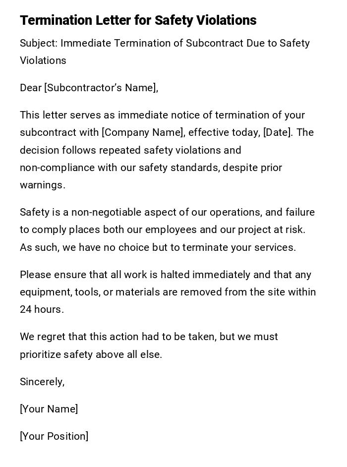 Termination Letter for Safety Violations Termination Letter for Safety Violations