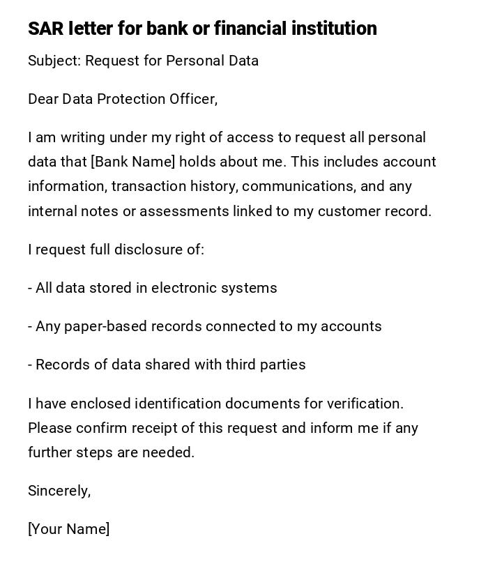 SAR letter for bank or financial institution SAR letter for bank or financial institution