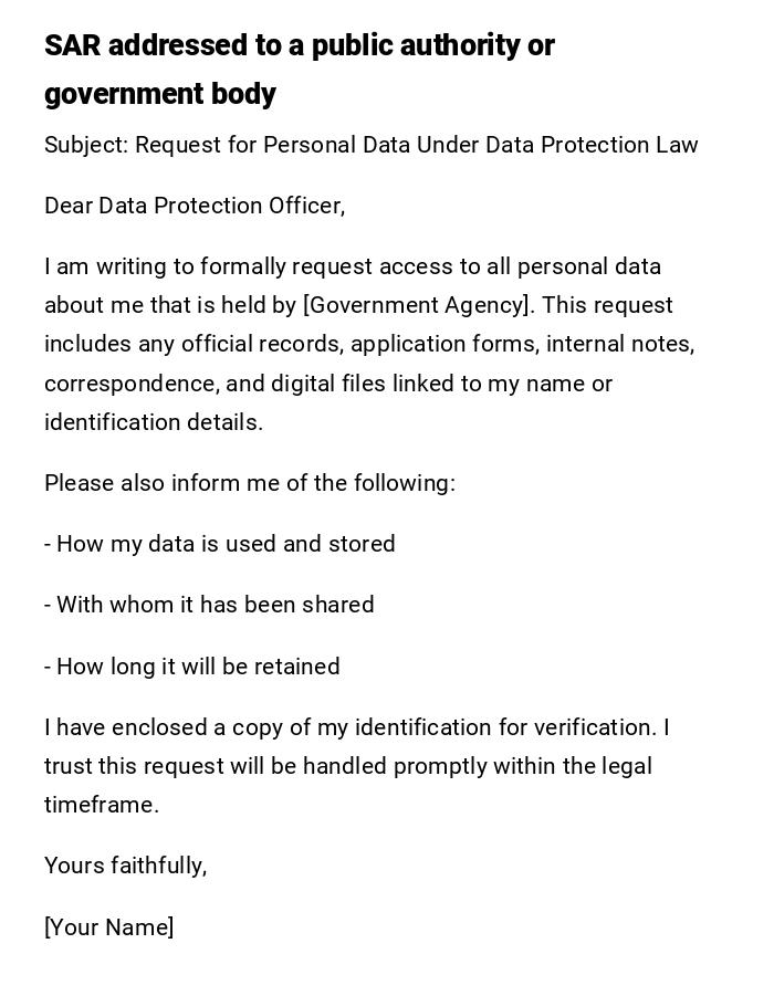 SAR addressed to a public authority or government body SAR addressed to a public authority or government body