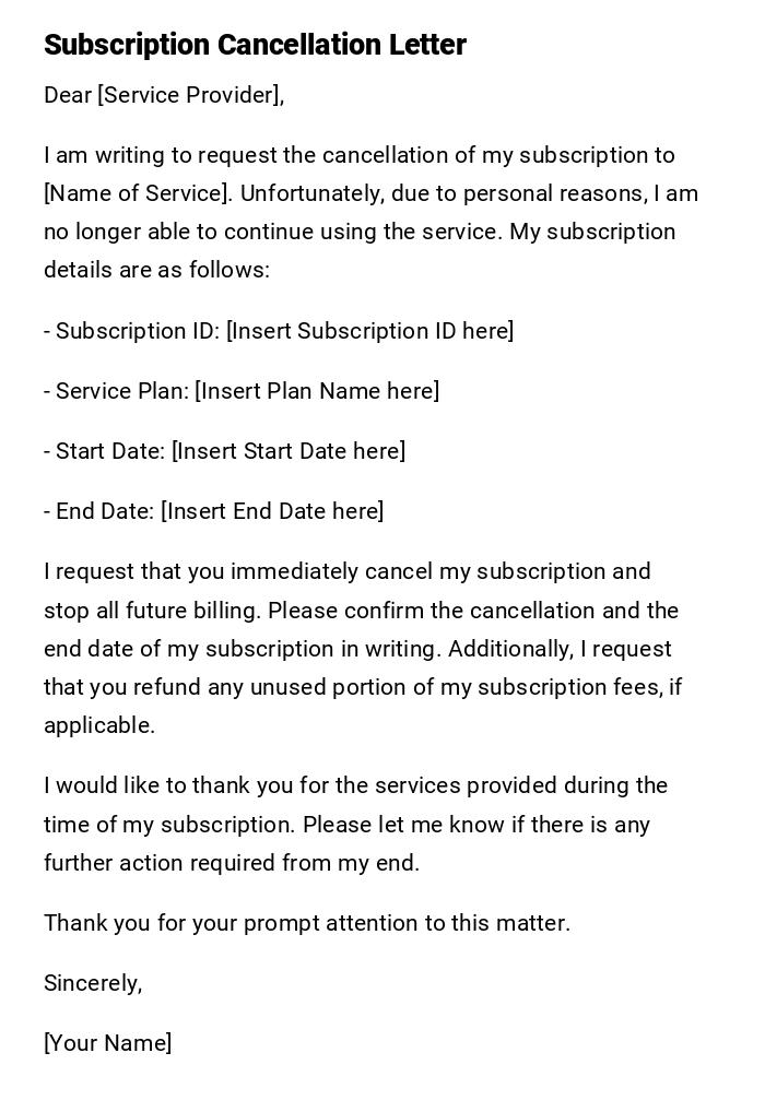 Subscription Cancellation Letter