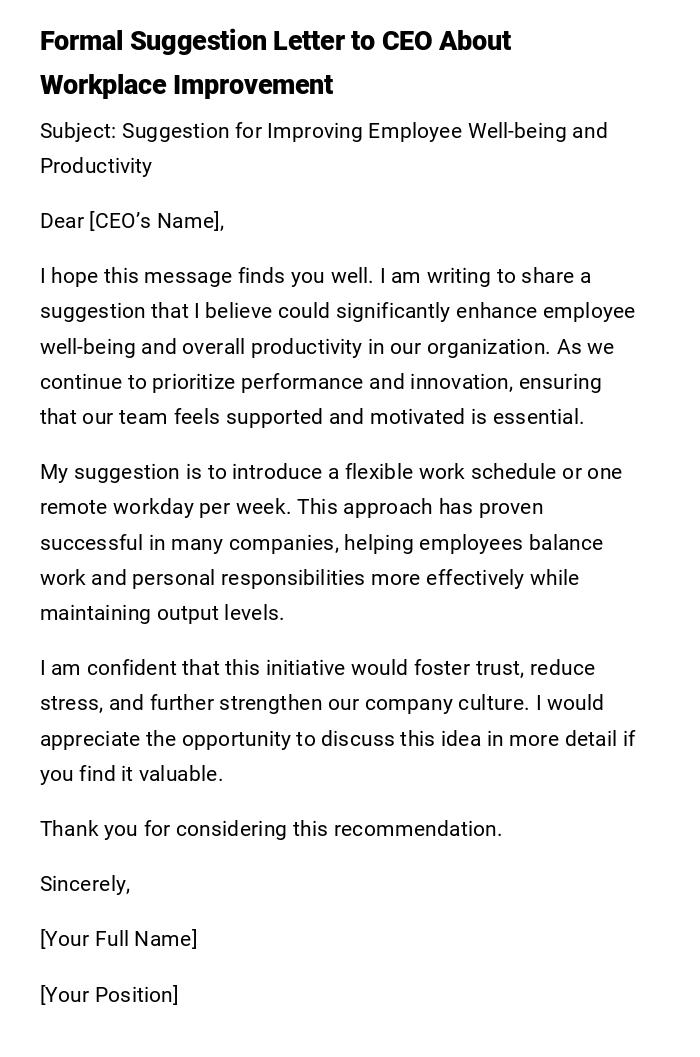 Formal Suggestion Letter to CEO About Workplace Improvement Formal Suggestion Letter to CEO About Workplace Improvement