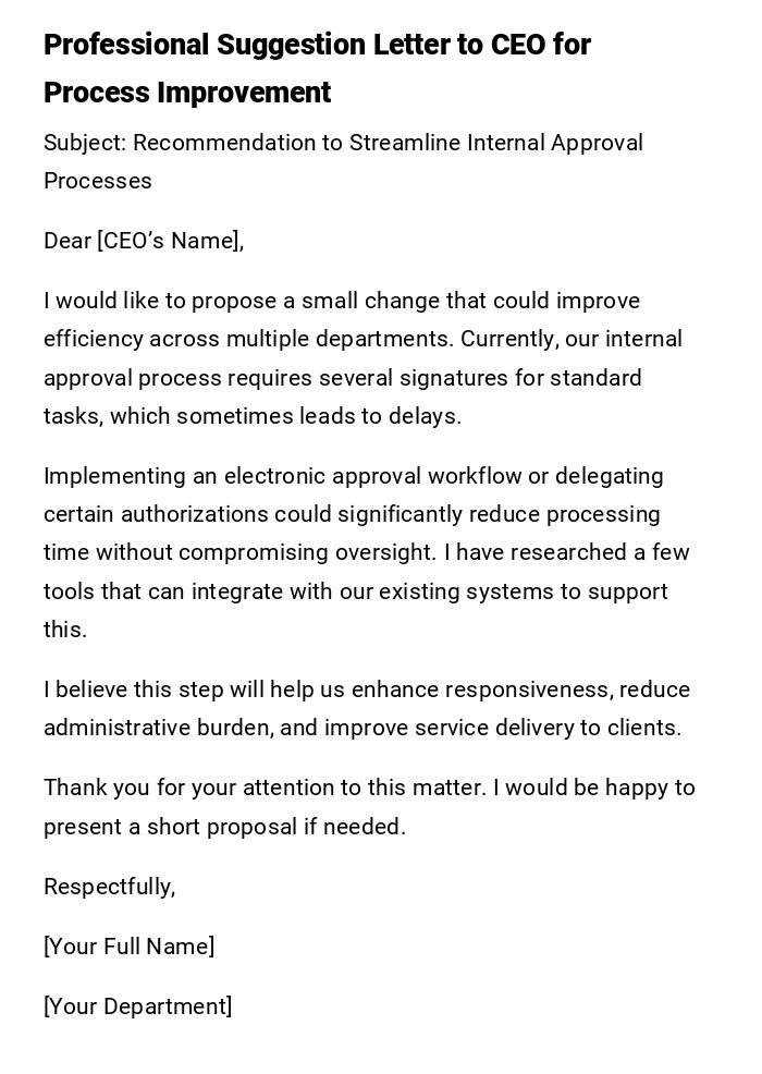 Professional Suggestion Letter to CEO for Process Improvement Professional Suggestion Letter to CEO for Process Improvement
