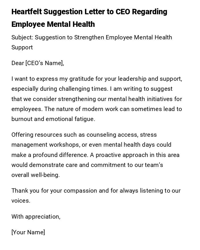 Heartfelt Suggestion Letter to CEO Regarding Employee Mental Health Heartfelt Suggestion Letter to CEO Regarding Employee Mental Health