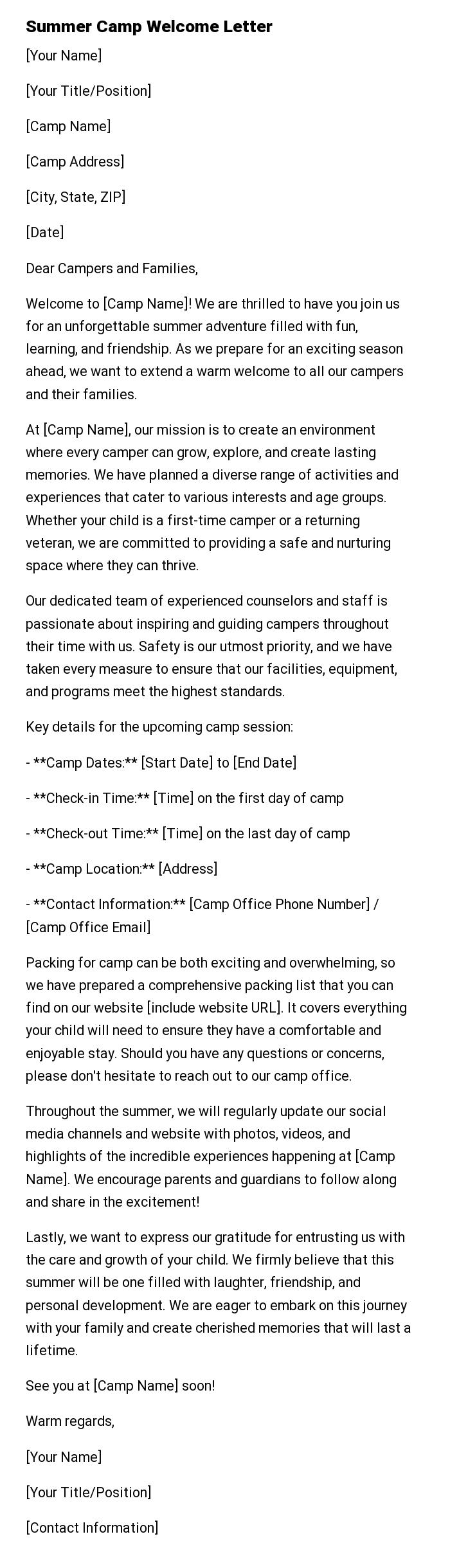 Summer Camp Welcome Letter