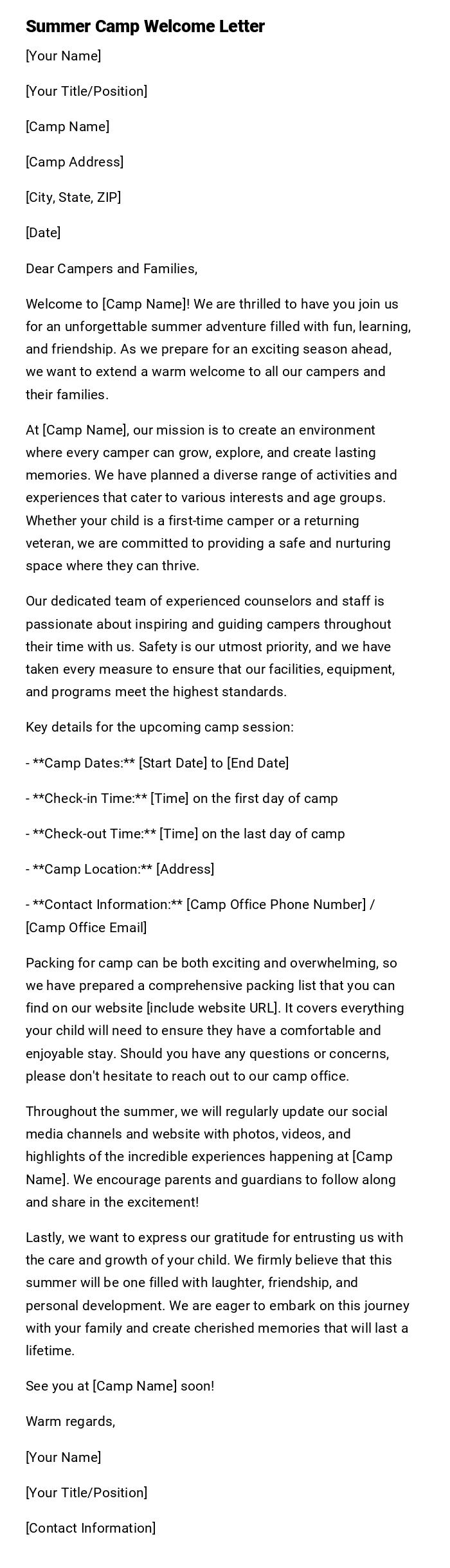 Summer Camp Welcome Letter