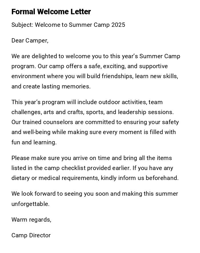 Formal Welcome Letter Formal Welcome Letter