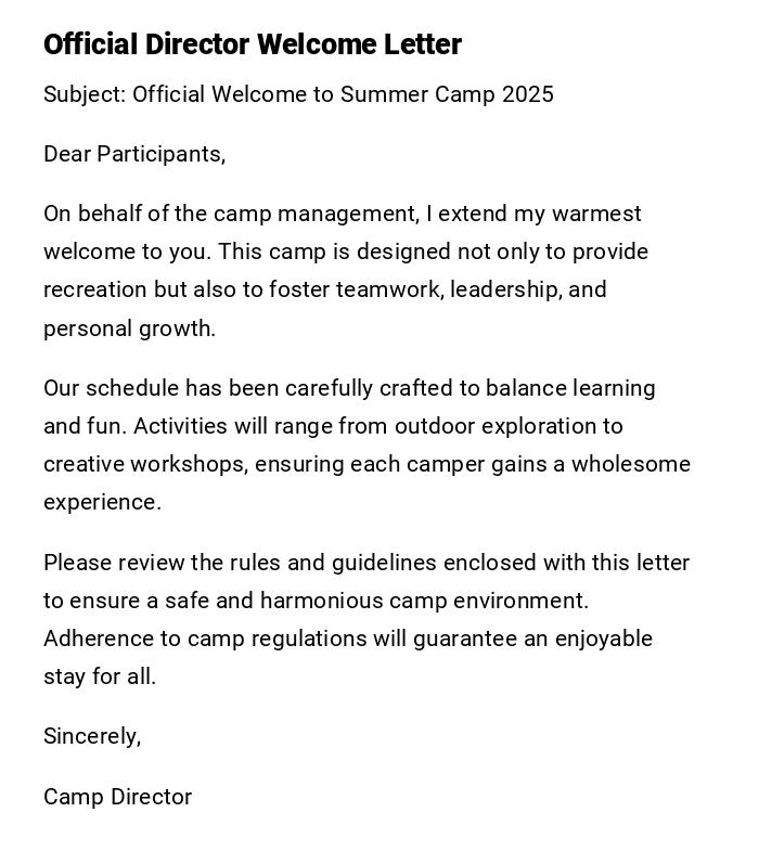 Official Director Welcome Letter Official Director Welcome Letter