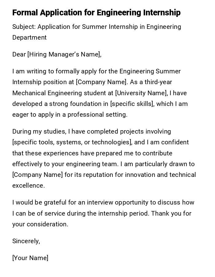 Formal Application for Engineering Internship Formal Application for Engineering Internship
