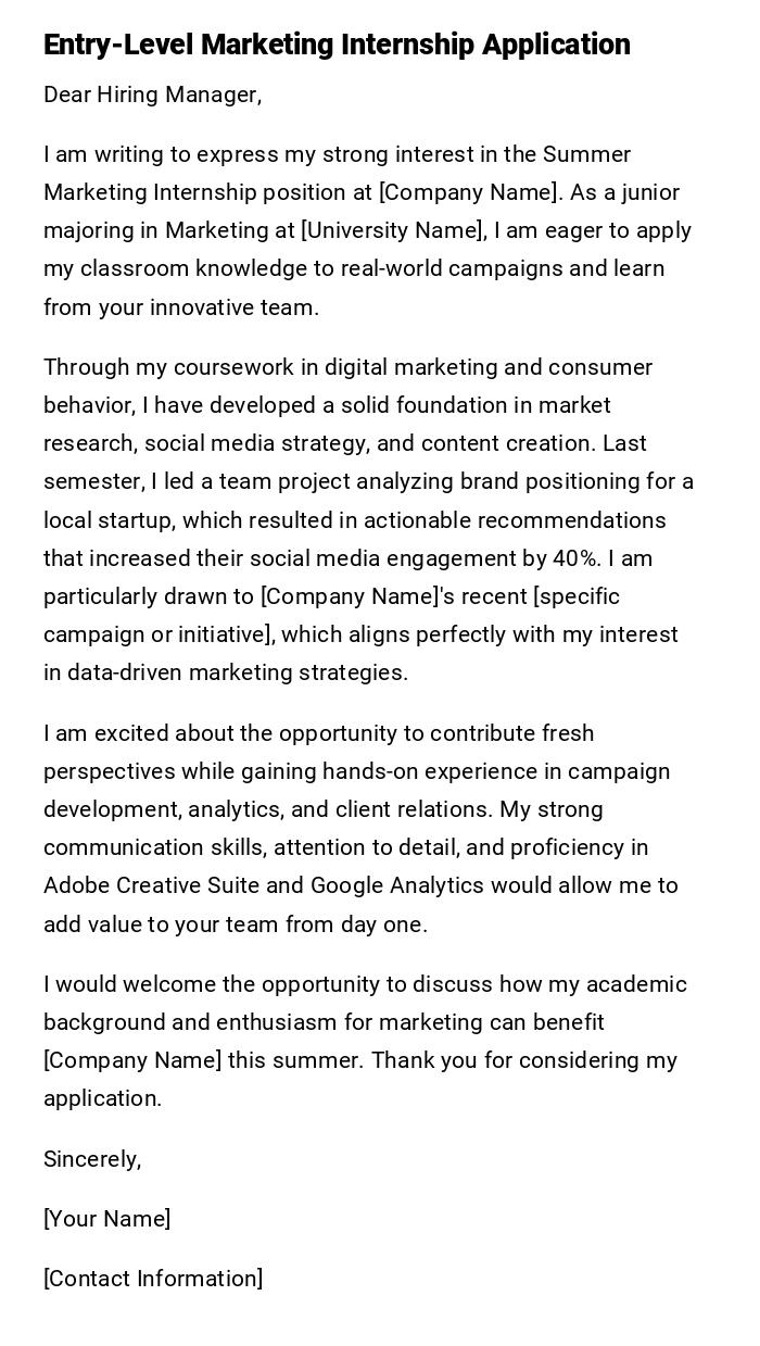 Entry-Level Marketing Internship Application Entry-Level Marketing Internship Application