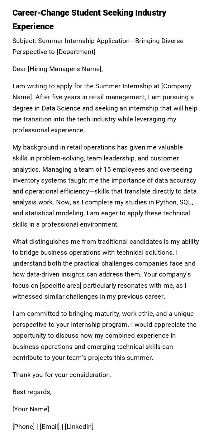 Career-Change Student Seeking Industry Experience Career-Change Student Seeking Industry Experience
