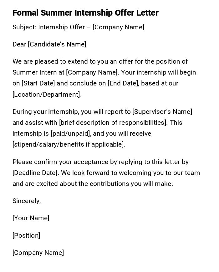 Formal Summer Internship Offer Letter Formal Summer Internship Offer Letter