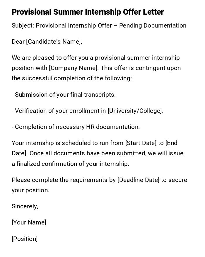 Provisional Summer Internship Offer Letter Provisional Summer Internship Offer Letter