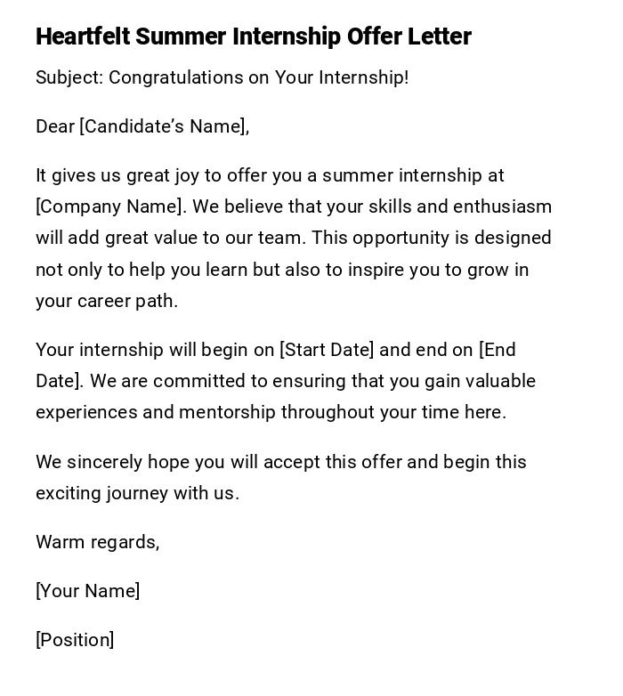 Heartfelt Summer Internship Offer Letter Heartfelt Summer Internship Offer Letter