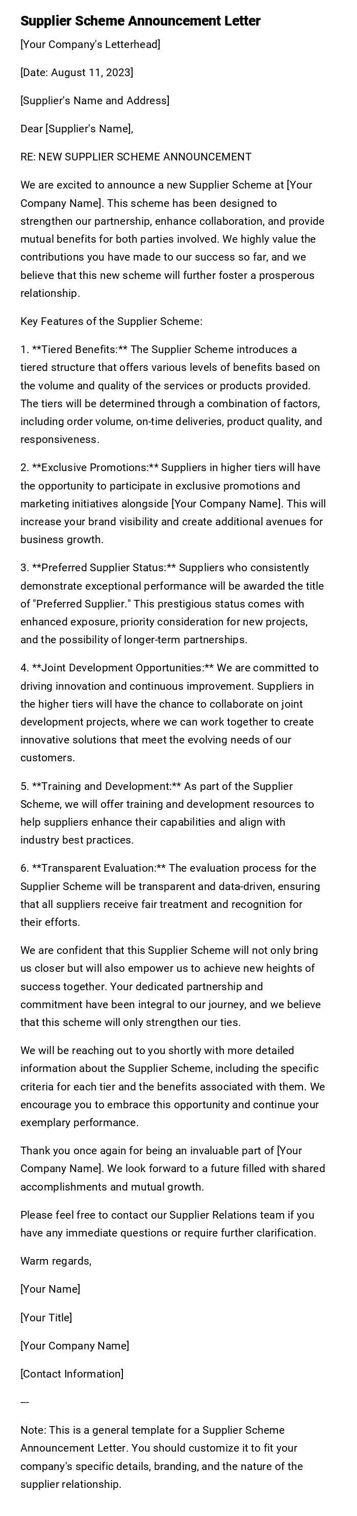 Supplier Scheme Announcement Letter