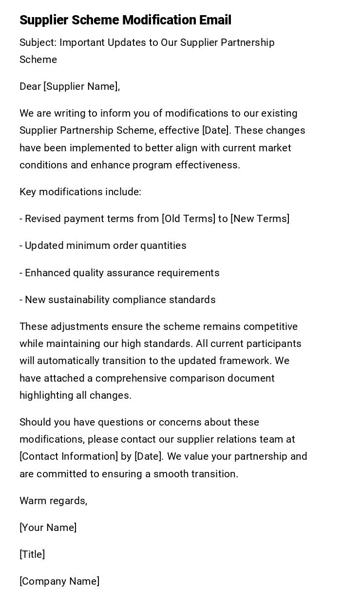 Supplier Scheme Modification Email Supplier Scheme Modification Email