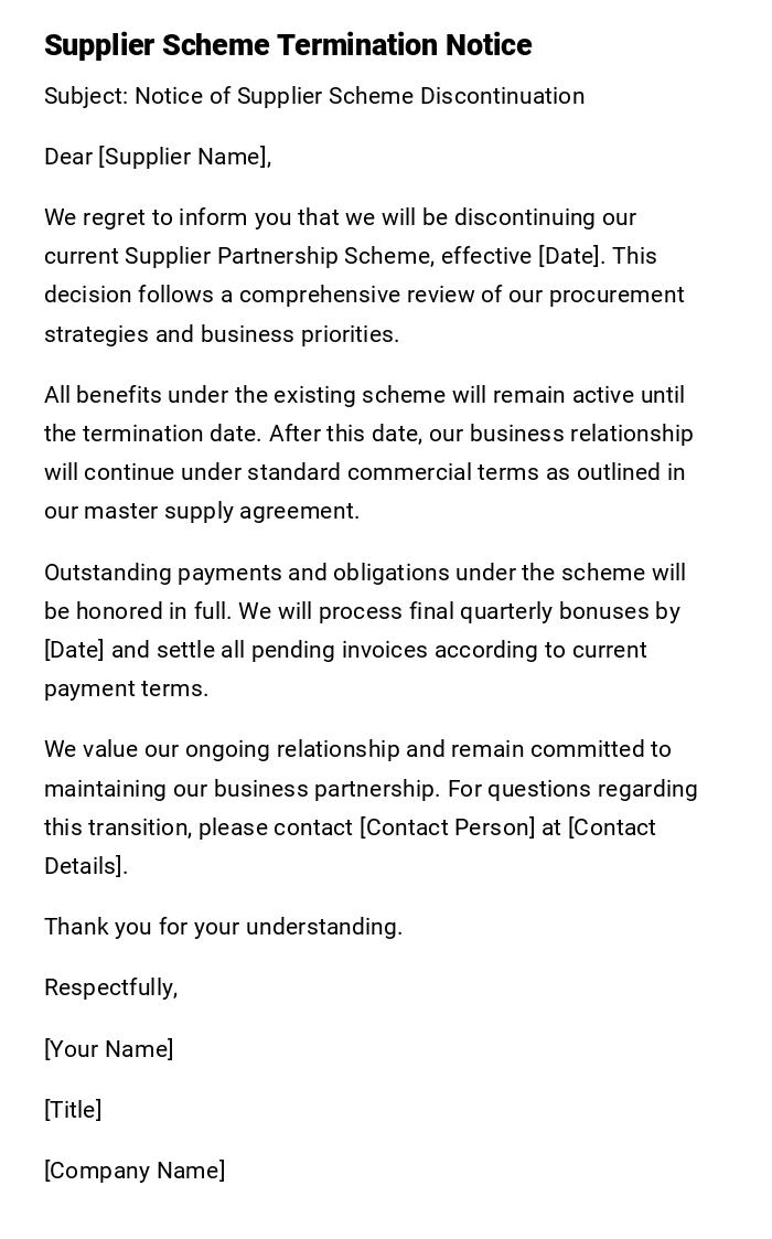 Supplier Scheme Termination Notice Supplier Scheme Termination Notice