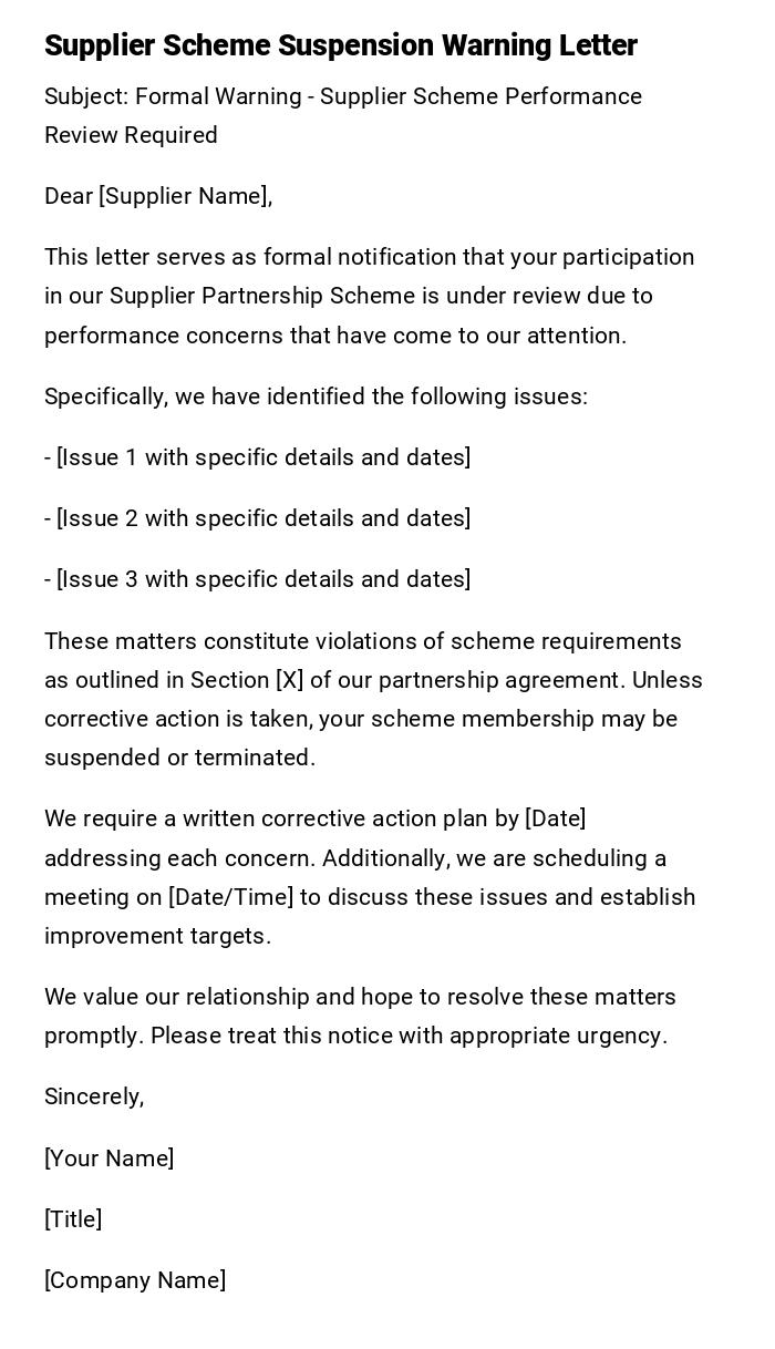 Supplier Scheme Suspension Warning Letter Supplier Scheme Suspension Warning Letter