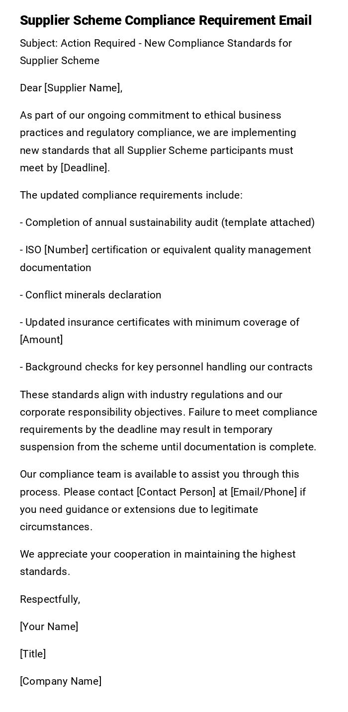 Supplier Scheme Compliance Requirement Email Supplier Scheme Compliance Requirement Email