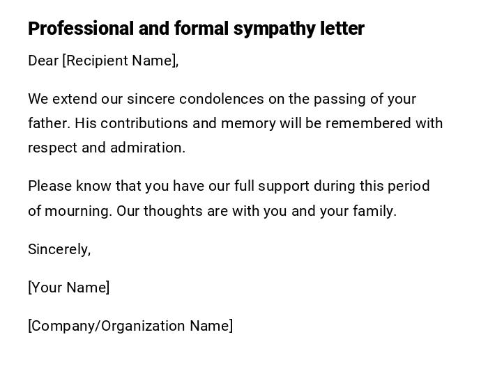 Professional and formal sympathy letter