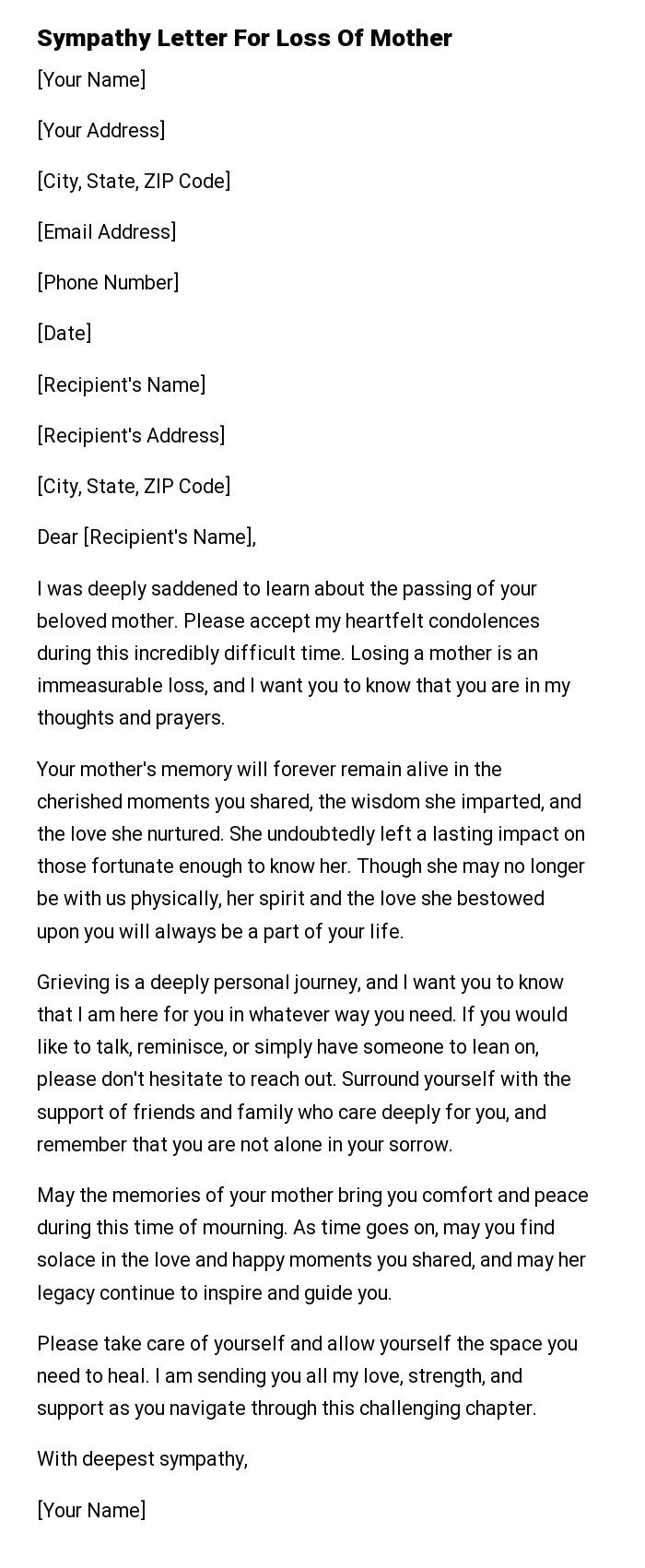 Sympathy Letter For Loss Of Mother