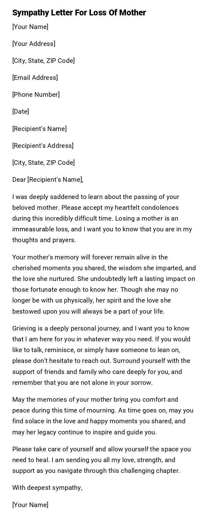 Sympathy Letter For Loss Of Mother