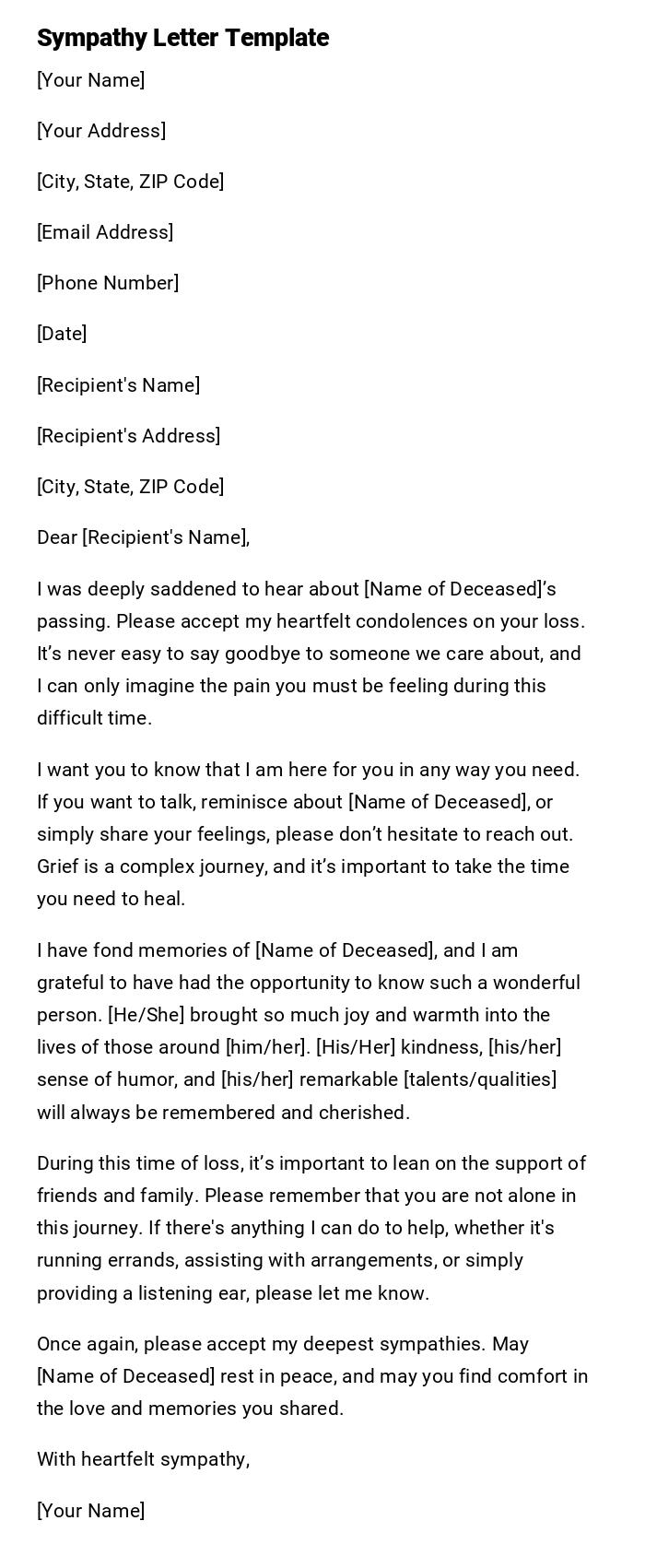 Sympathy Letter Template Sympathy Letter Template