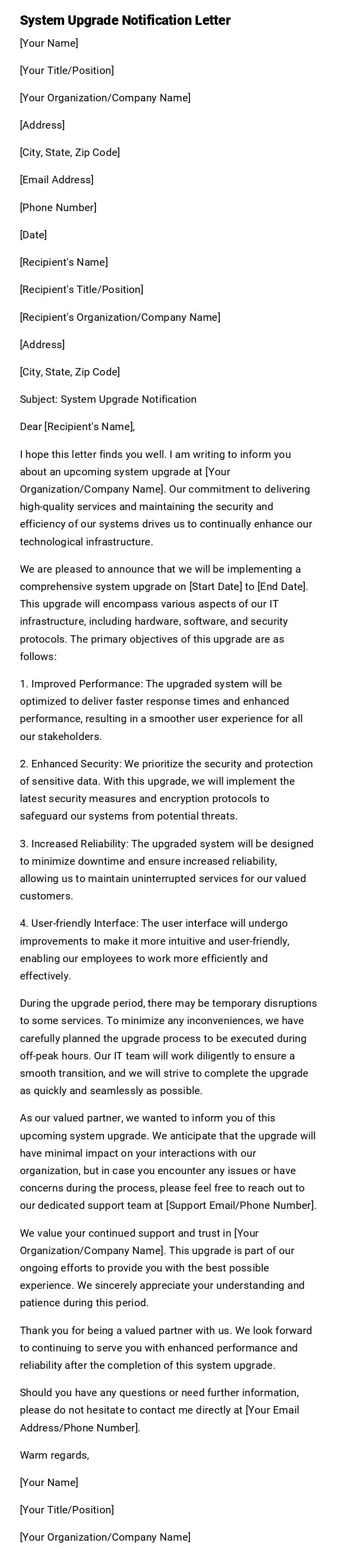 System Upgrade Notification Letter