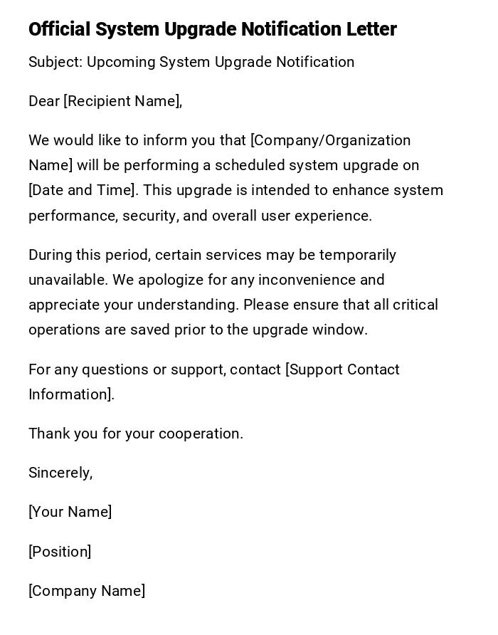 Official System Upgrade Notification Letter Official System Upgrade Notification Letter