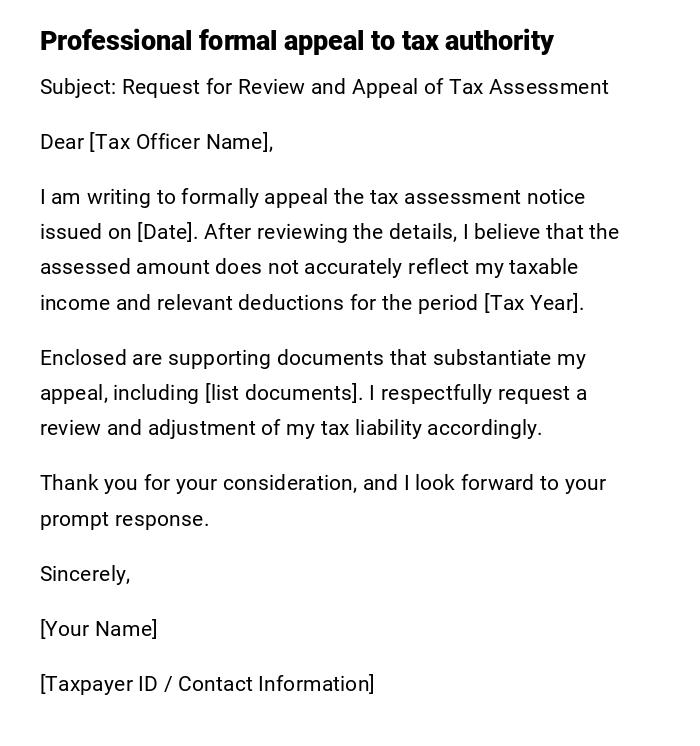 Professional formal appeal to tax authority Professional formal appeal to tax authority