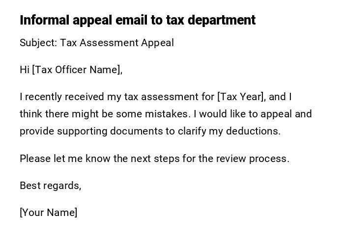 Informal appeal email to tax department Informal appeal email to tax department