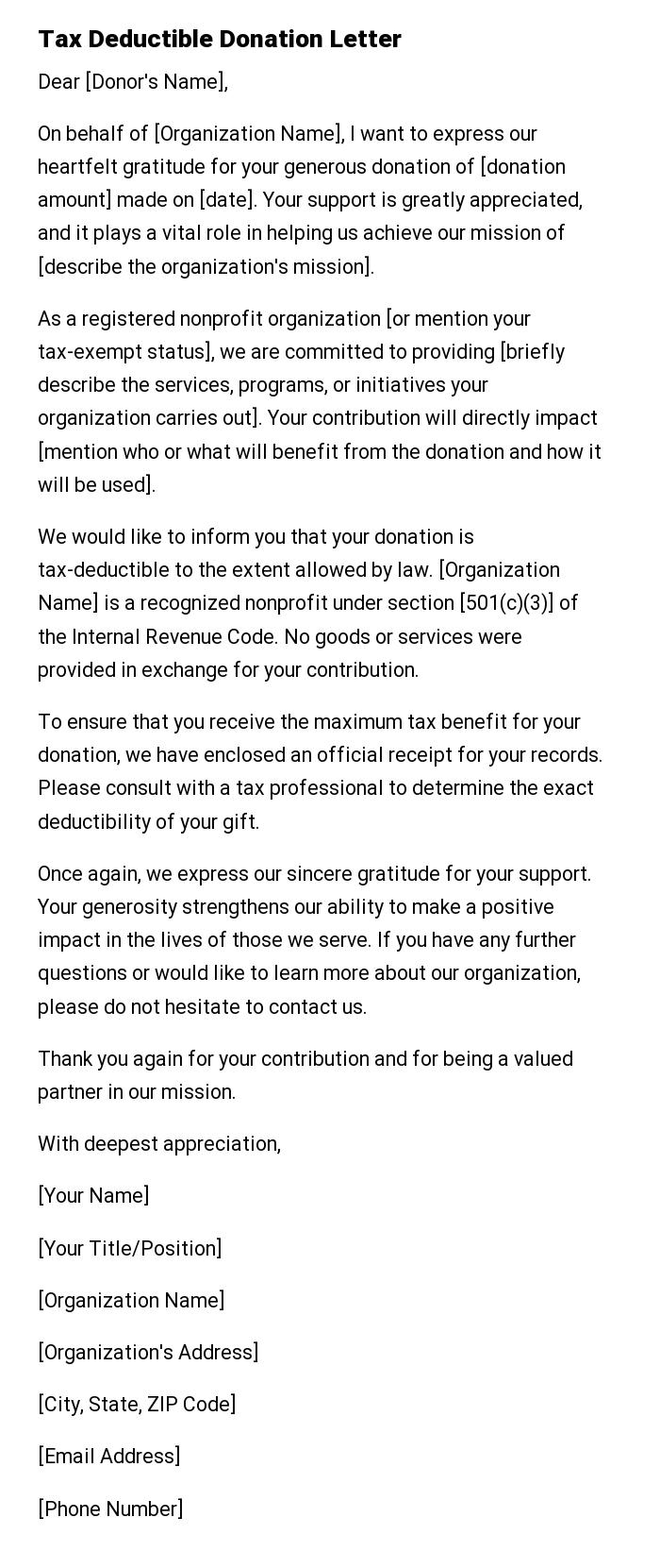 Tax Deductible Donation Letter