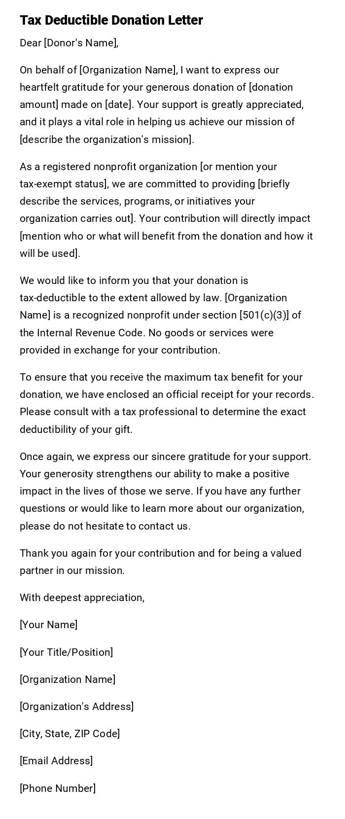 Tax Deductible Donation Letter Tax Deductible Donation Letter