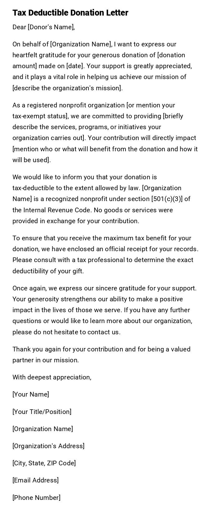 Tax Deductible Donation Letter