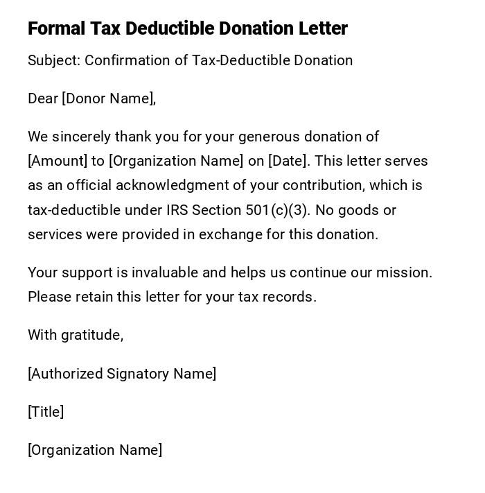 Formal Tax Deductible Donation Letter